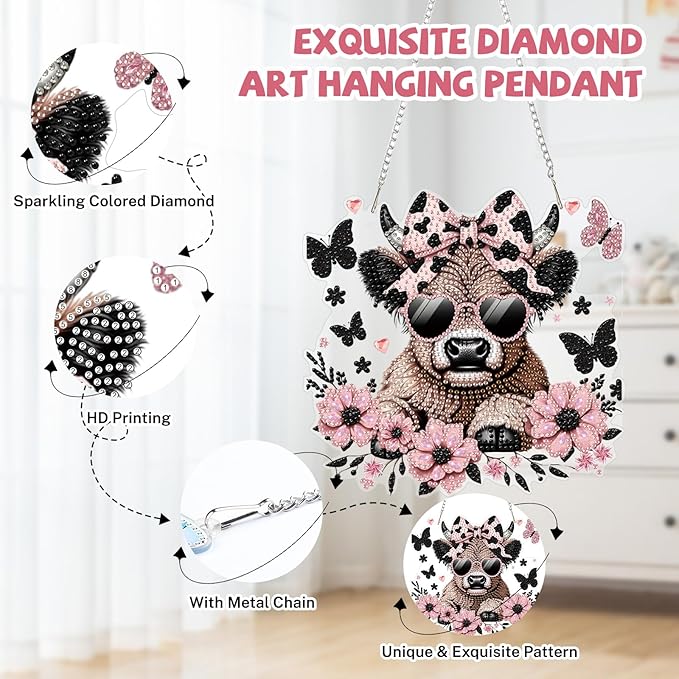 Bowetile Cow Diamond Art Hanging Kits for Adults, Diamond Art Suncatchers Animals, 5D Special Shape Diamond Painting Pendant Window Ornament Gifts for Home Wall Door Garden Decor