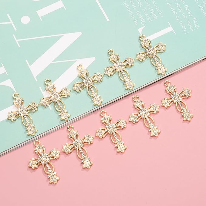 20 Piece Set Rhinestone Cross Connectors and Pendants for Jewelry Making (Gold - Cross B)