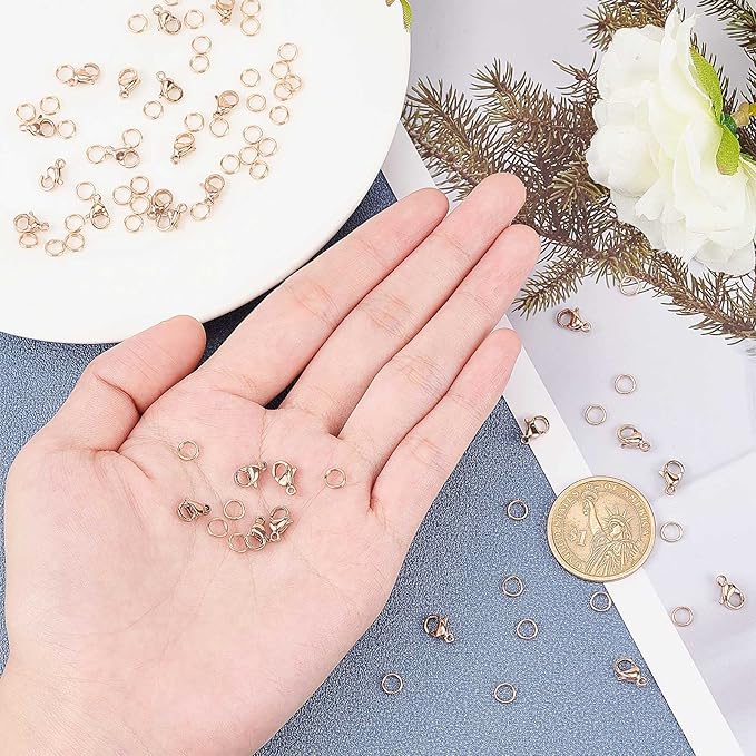 PandaHall 60 pcs 5mm 304 Stainless Steel Jump Rings with 30 pcs Lobster Claw Clasps for Earring Bracelet Necklace Pendants Jewelry DIY Craft Making, Rose Gold
