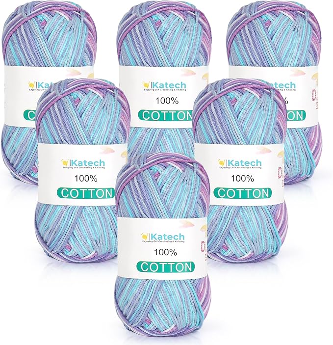 Katech Pure Cotton Yarn for Crocheting & Knitting–Soft Sport Weight CYC #2, 6 Skeins (50g Each, 300g Total), Ideal Crochet Yarn for Dishcloths, Baby Clothes, Socks, Lightweight Scarves（Ocean Aurora）