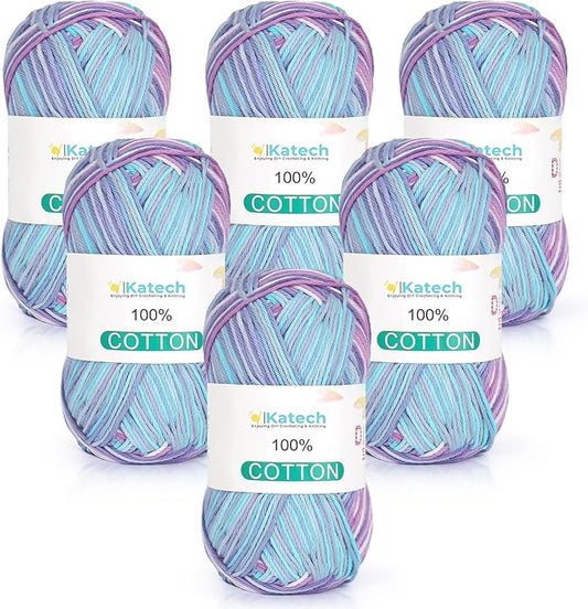 Katech Pure Cotton Yarn for Crocheting & Knitting–Soft Sport Weight CYC #2, 6 Skeins (50g Each, 300g Total), Ideal Crochet Yarn for Dishcloths, Baby Clothes, Socks, Lightweight Scarves（Ocean Aurora）