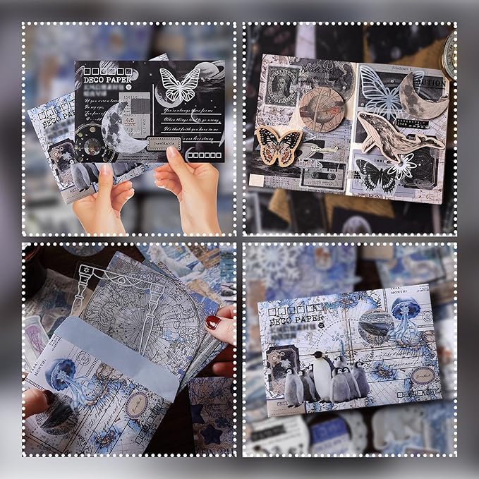 200Pcs Vintage Scrapbook Paper Sticker Kit,Starry Sky and Ocean Underwater Scrapbooking Decals for Junk Journal Supplies Card Making Stationery Album,Collage,As Gift