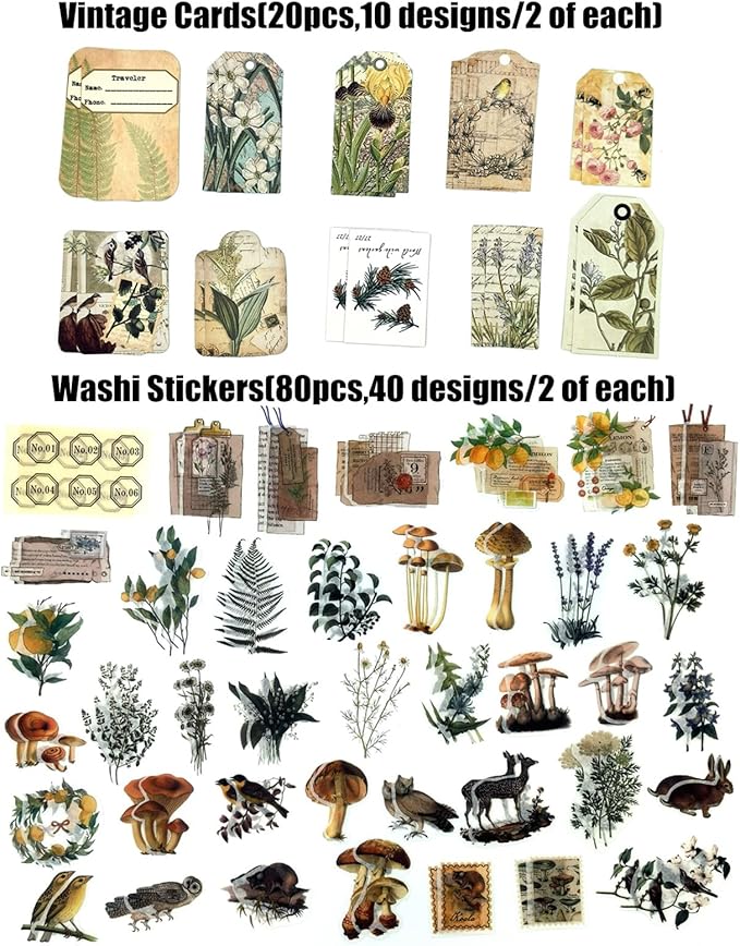 Esweny 260PCS Vintage Journaling Scrapbooking Supplies Scrapbook Sticker Paper Ephemera Pack for Junk Journal Planners Collage Craft Notebooks Album (Plants and Birds)
