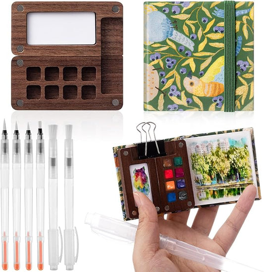 Qilery Mini Portable Watercolor Palette Set Wooden Grid Paint Box Watercolor Paper Sketch Book Brush Pens with Binder Clip for Painters Artist Not Include Paint(Bird)