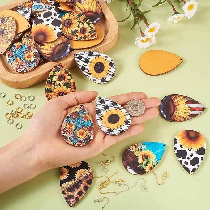 Beadthoven 18 Pairs DIY Sunflower Printed Wood Dangle Earring Making Kit Vintage Rustic Summer Flower Wood Pendants Teardrop Charms Hanging Ornaments Earring Hooks Jump Rings for Jewelry Making Adult