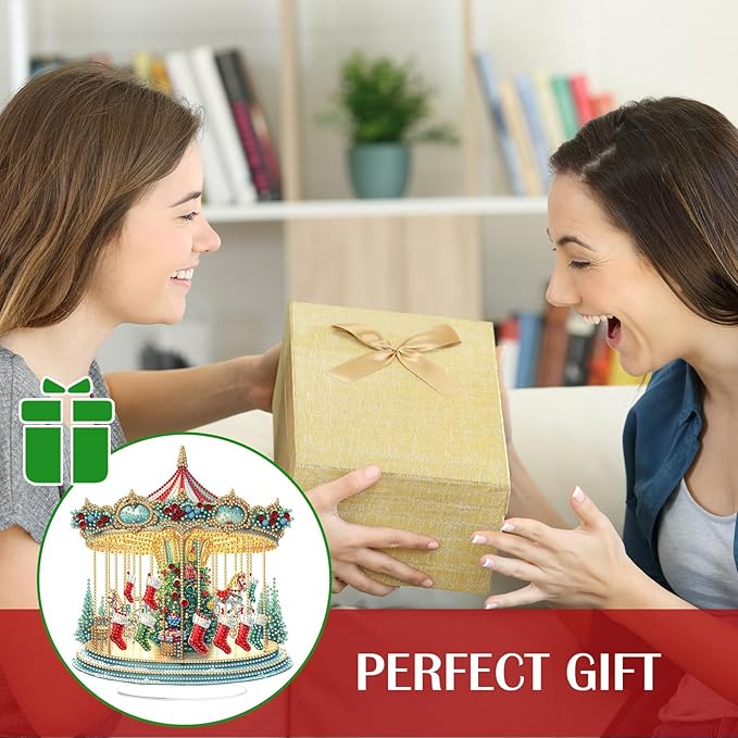 LAKEQUILL Christmas Diamond Painting Kits, Tabletop Ornament, Stand Up Diamond Art Desktop Kits for Home Office Decor, New Year Gift - Xmas Carousel