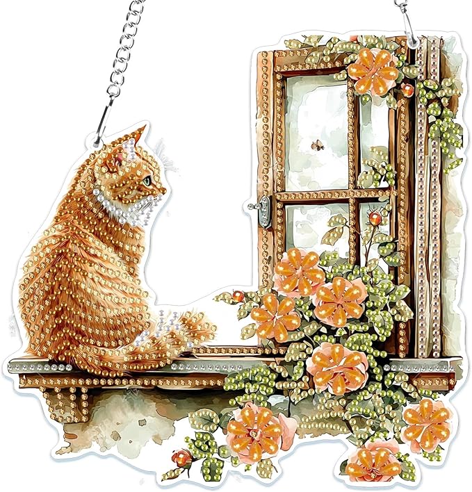 MOGTAA Cat Diamond Art Hanging Pendant Kits, 5D Special Shape Diamond Art Kits for Adults, Crystal Rhinestones Flowers Landscape Diamond Painting Gem Art for Home Garden Wall Decor