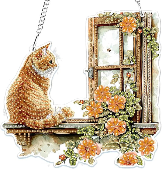 MOGTAA Cat Diamond Art Hanging Pendant Kits, 5D Special Shape Diamond Art Kits for Adults, Crystal Rhinestones Flowers Landscape Diamond Painting Gem Art for Home Garden Wall Decor