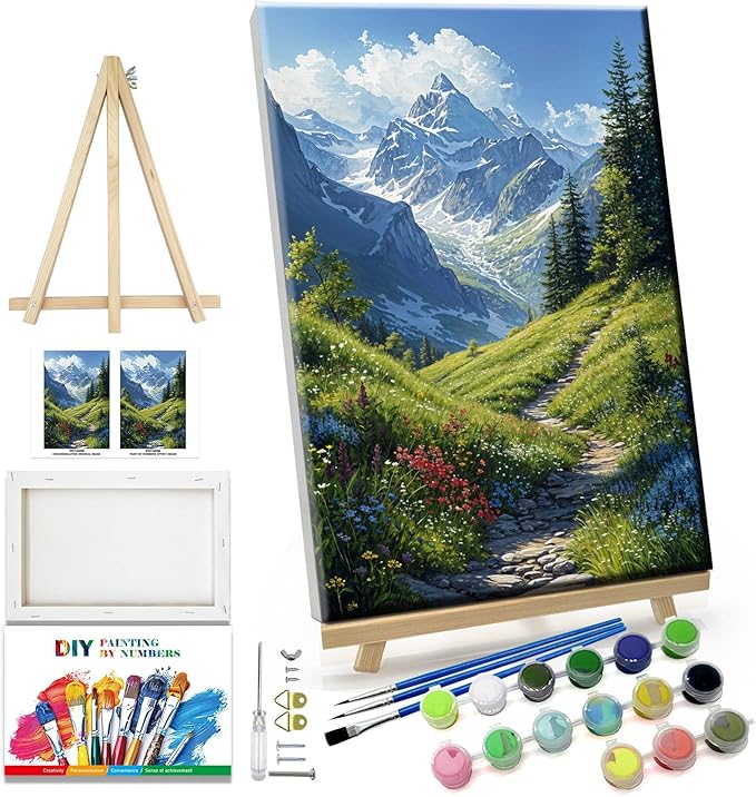 JOOZ Landscape Paint by Numbers for Adults Beginner with Easel Mountain Paint by Number Kits on Canvas with Frame DIY Abstract Tree Oil Painting for Gift Home Wall Decor 7.87x11.81 Inch