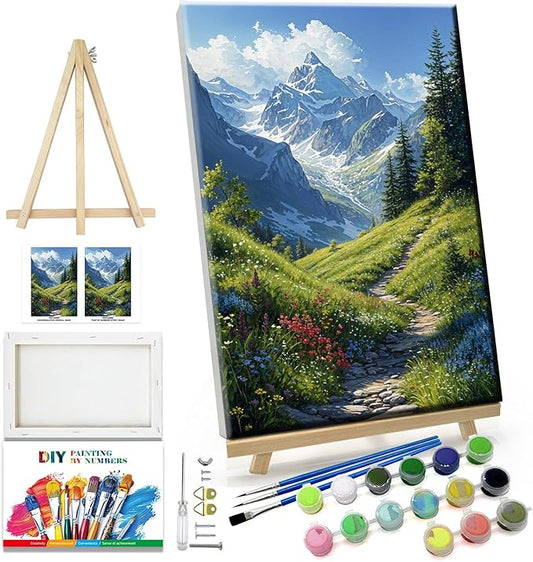 JOOZ Landscape Paint by Numbers for Adults Beginner with Easel Mountain Paint by Number Kits on Canvas with Frame DIY Abstract Tree Oil Painting for Gift Home Wall Decor 7.87x11.81 Inch