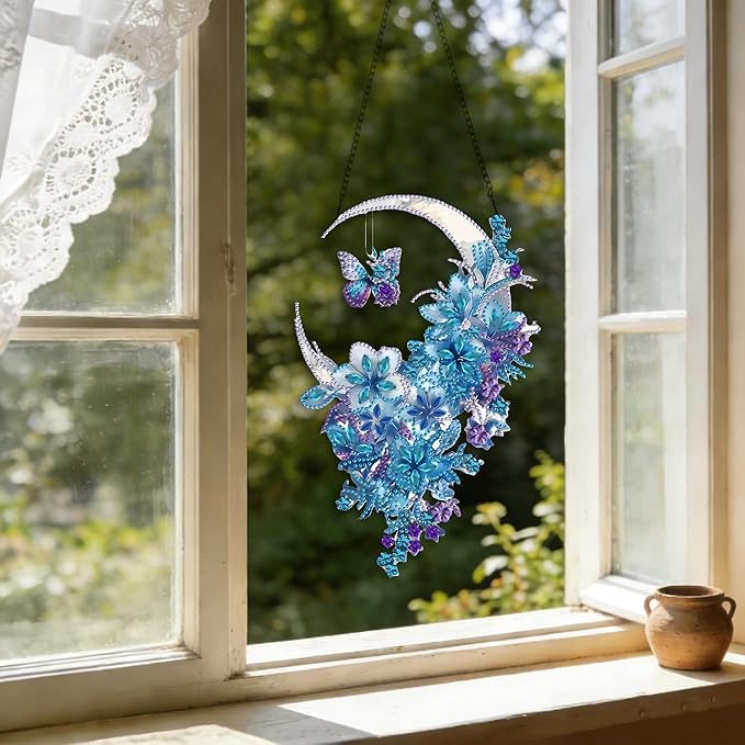 STGLCR Hanging Diamond Art Kits for Adults Pendant Moon, Special Shaped Crystal DIY Flower Diamond Painting Kit for Begginer, Acrylic Board Foral Moon Pendants for Home Decor 11.92 Inch Butterfly Blue