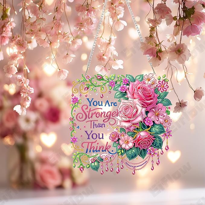 Eiflow Acrylic Diamond Art Hanging Kit for Adults, DIY Diamonds Painting Door Hanger Board Kit, Special Crystal Diamond Art Painting Pendant Ornament (Inspirational Phrase)