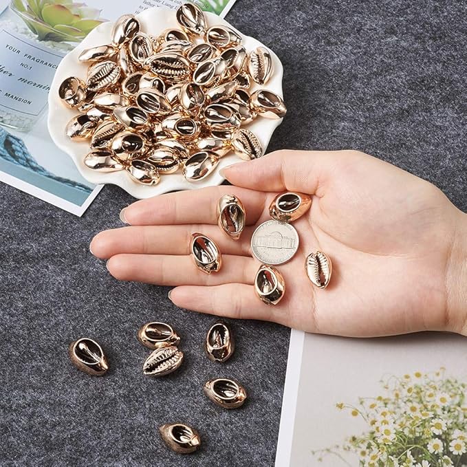 Cheriswelry 100pcs Sea Shell Electroplated Beads Undrilled Spiral Cowrie Shell Oval Beads Coral Ocean Summer Beach Loose Spacer Beads 17~21mm for DIY Bracelet Necklace Jewelry Making