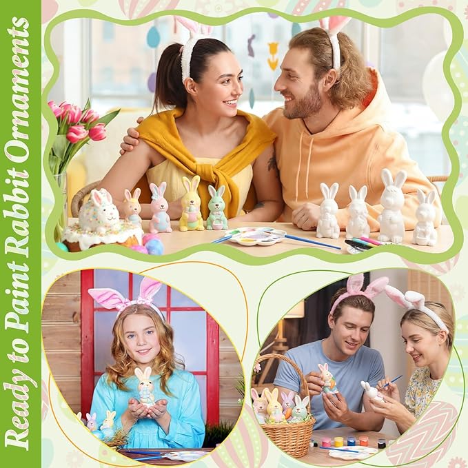 Zubebe 6 Pcs Easter Ceramics to Paint Bunny Kits Ready to Paint Your Own Easter Bunny Figurines 5.1 Inch 3D Unpainted Blank Ceramics with Brush and Palette Rabbit Statues for Craft (Simple Style)