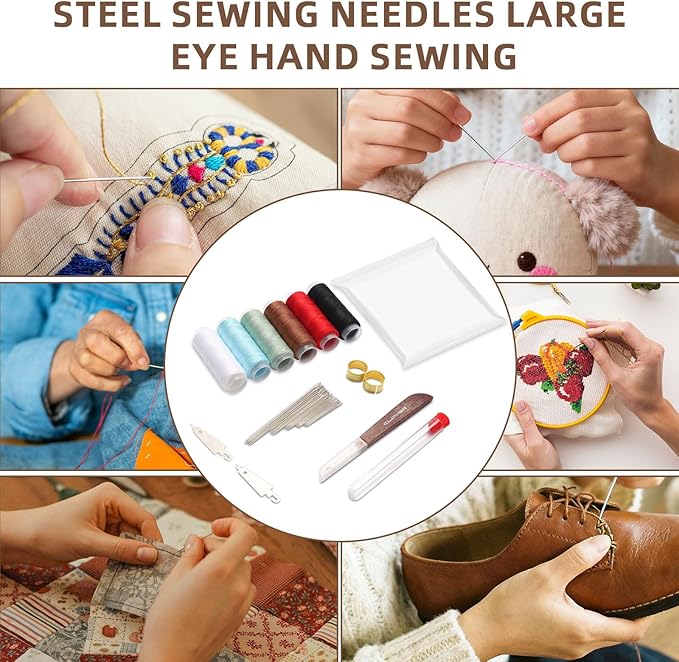 38 PCS Steel Needles for Hand Sewing, Sewing Repair Kit, Embroidery Tool Kit, Include 25 Steel Needles, 1 Seam Sewing Thread Ripper, 2 Needle Threaders, 6 Threads, 2 Thimbles, 1Storage Bag