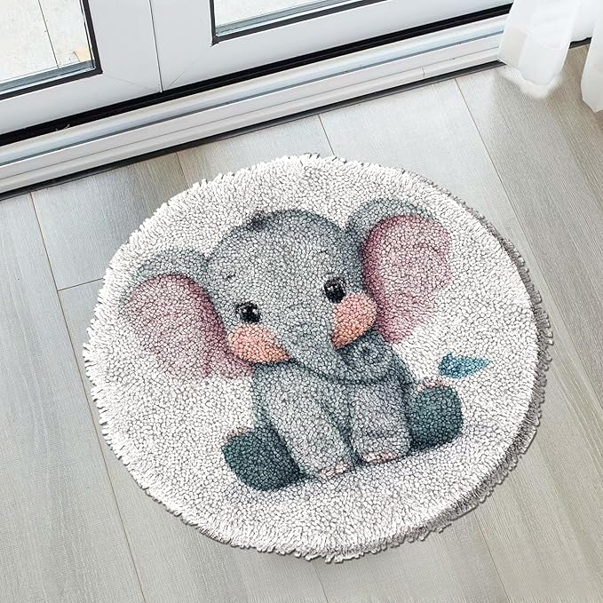 Latch Hook Rug Kit Cute Baby Elephant Stamped Handmade Round Shape Carpet Crochet Yarn Craft DIY Hook and Latch Door Mat Tapestry for Home Floor Decor 50x50cm(3)