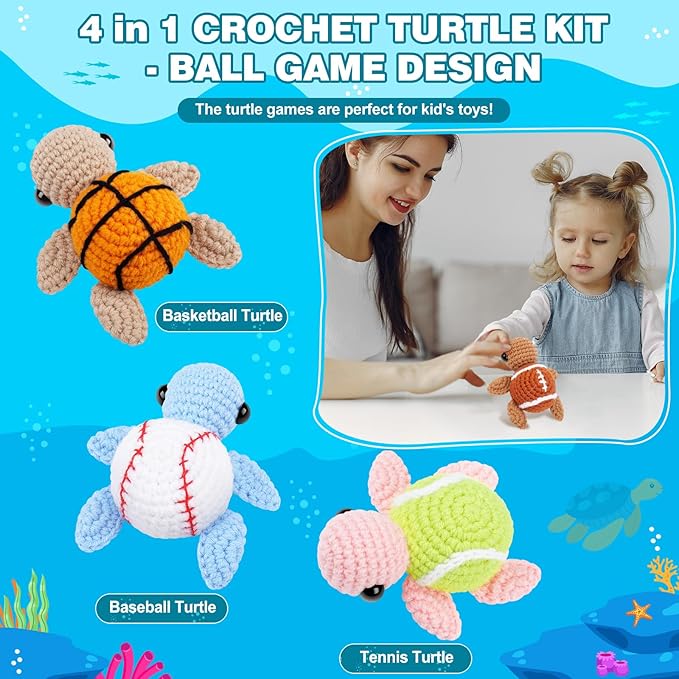 Fortuning's JDS Crochet Kit for Beginners -4 PCS Turtle Crochet Kit with Step-by-Step Video Tutorials, Beginner Crochet Kits for Adults, Animal Crochet Turtle Ball Games Set
