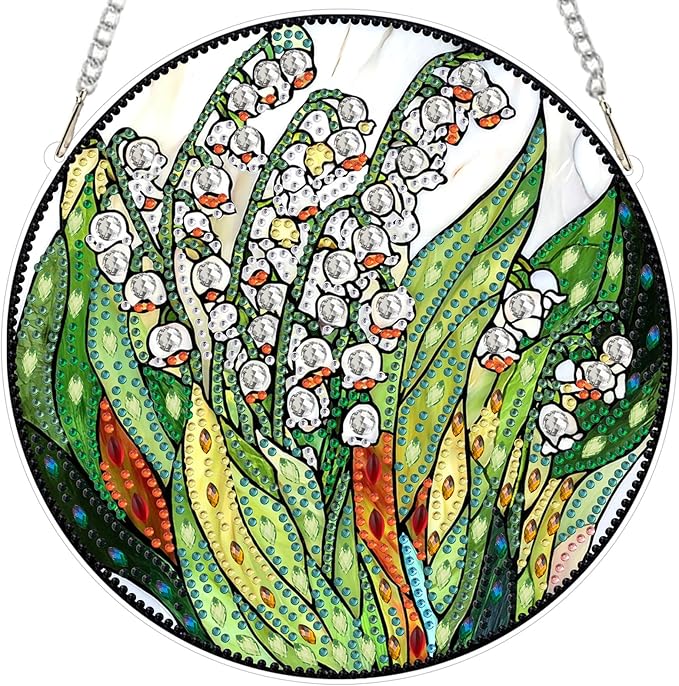 EOBROMD Diamond Hanging Art Kits for Adults, Lily of the Valley Suncatcher Diamond Art Painting, DIY Special Shaped Rhinestone Kits for Adults, Window Pendants Home Garden Wall Hanging Ornament