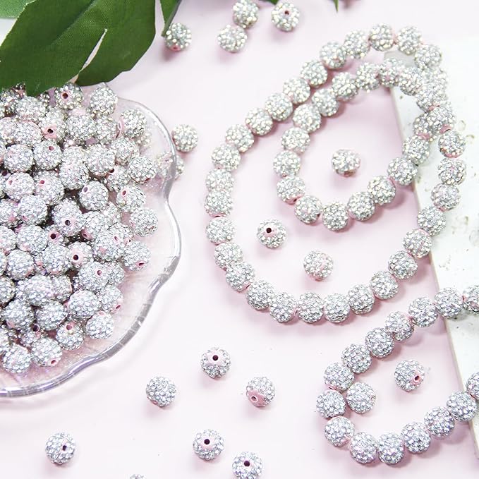 100 Pcs 10mm Rhinestone Beads for Jewelry Making, Light Pink Shiny Round Shamballa Disco Baseball Necklace Beads Sparkle Crystal Clay Pave Rhinestones Bead for DIY Bracelet Earring Making Supplies