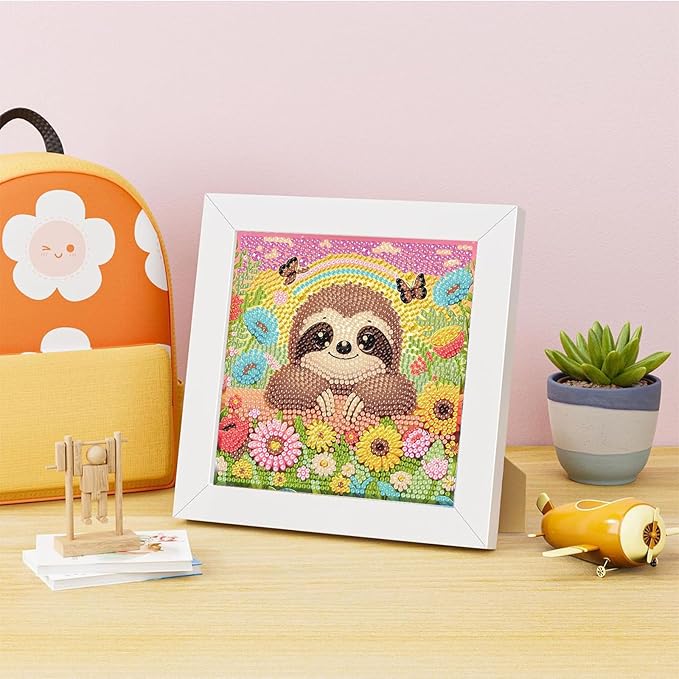 Sloth Diamond Art Painting Kits for Kids with Frame, Animal Diamond Art for Kids Ages 4-8-12 with Frame, Easy Small Cute Gem Painting Kit for Gift Home Wall Decoration (7x7 inch)