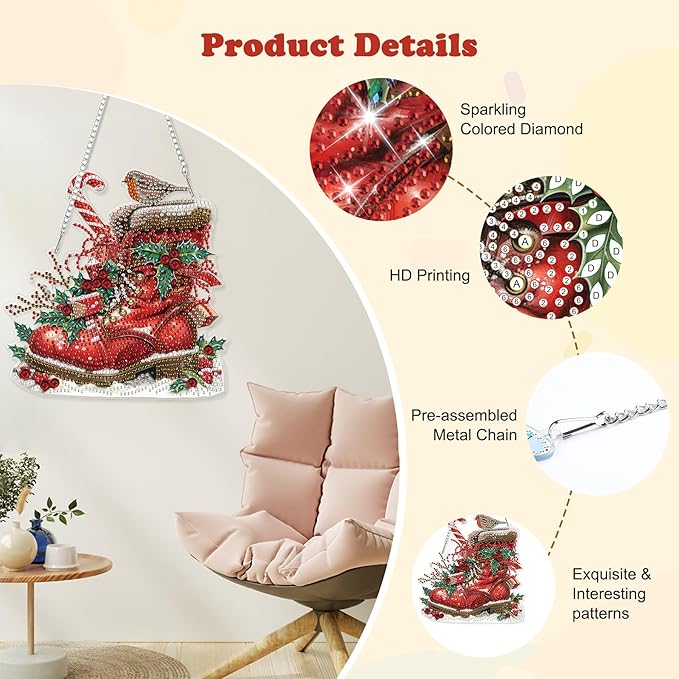 HEIBAGO Winter Boots Diamond Art Hanging Kits for Adults Kids, 5D Special Shaped Crystal Diamond Painting Kit, DIY Pattern Window Pendant Gem Art Kit for Home Wall Decor 8.3 x 8.3 Inch