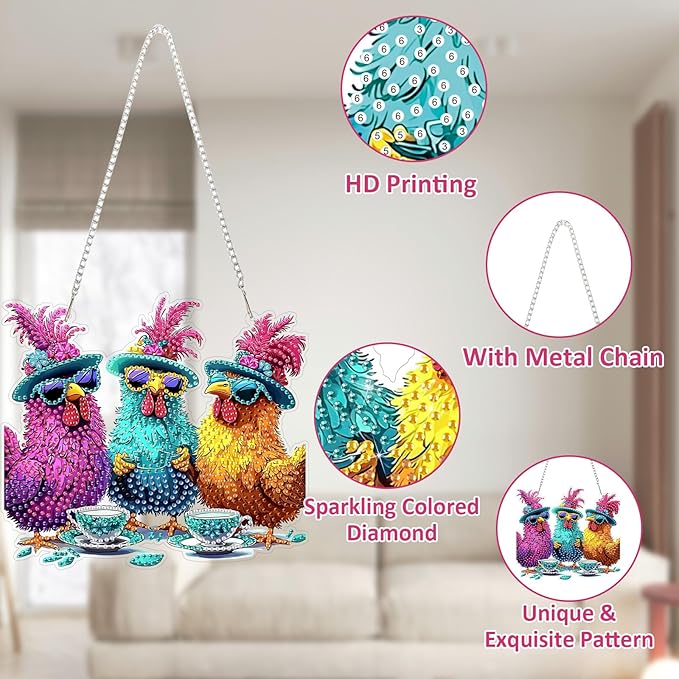 SENQAO Chicken Diamond Art Hanging Kits for Adults Kids, Acrylic Diamonds Painting Pendant Board Kit Chicken, Diamond Art Painting Window Pendants Home Garden Wall Hanging Kits Hanging Ornament