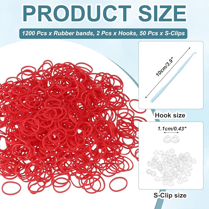 MECCANIXITY 1200 Pcs Loom Rubber Bands Kit with 50 Pcs S-Clips 2-Hooks Rubber Bands Refill Bracelet Making Kits for Weaving DIY Handcrafts Gift, Light Red