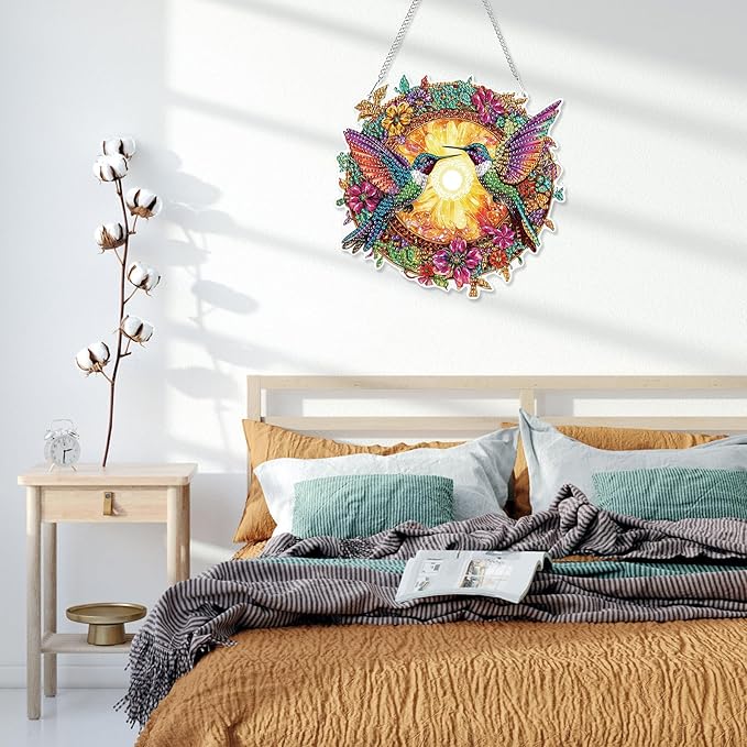 HEIBAGO Hummingbird Hanging Diamond Art Kits for Adults, Fall Special Shaped Crystal Diamond Painting Ornament Kit, DIY Double-Sided Pattern Window Pendant Gem Art Kit for Home Wall Decor 8.3x8.3inch