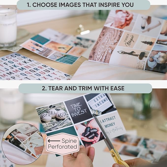 Vision Board Book for Women | 1000+ Images, Quotes & Affirmations | Tear-Out Perforated Pages + Letter & Number Stickers | Complete Vision Board Kit & Collage Clip Art Book for Goal Setting