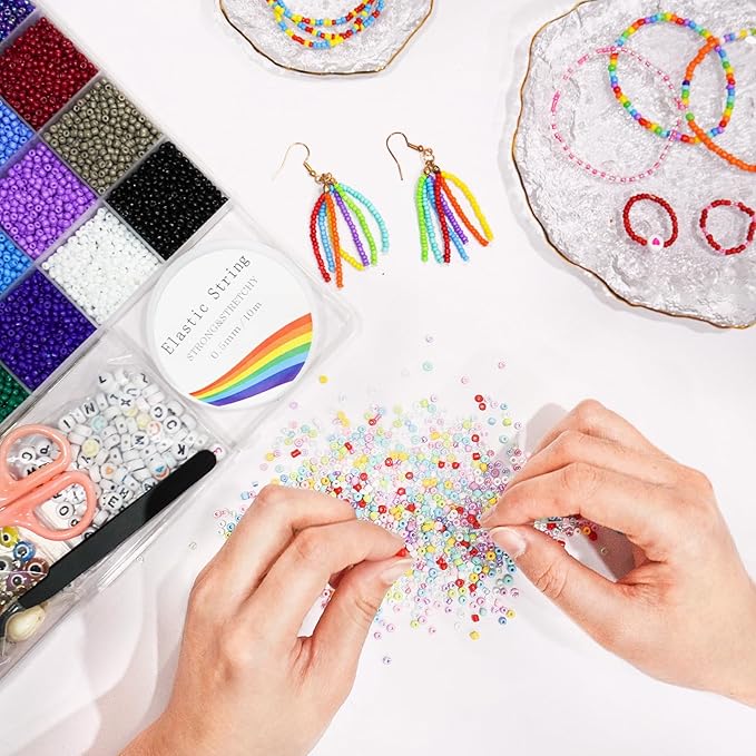 Redtwo 8000pcs 3mm Glass Seed Beads for Bracelet Making Kit, Small Beads Friendship Jewelry Making Kit, Letter Beads with Elastic String, DIY Art Craft Girls Gifts