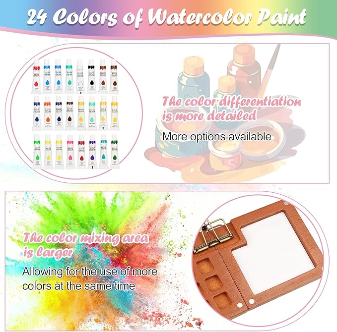 Travel Watercolor Set，Mini Paint Palette Travel kit，Mini Water Color Paint Set，Wooden 15 Grid Paint Box,24 Colors Small Watercolor Sketchbook for Artists Painters Students(Blue)