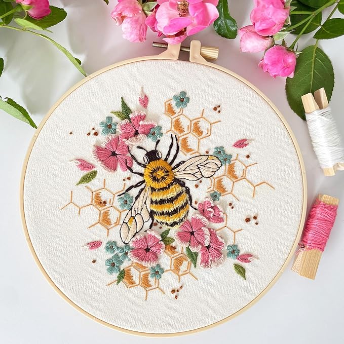 Myfelicity Eembroidery kit for Beginners Adults, 3-Piece Bee and Butterfly Floral Designs,Including Tools Handmade Embroidery Hoop Art Set (red)