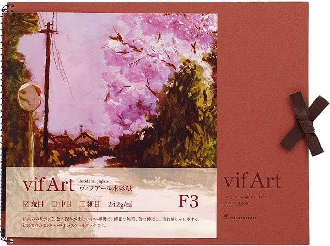 Maruman VifArt Watercolor Artbook- Premium Rough Watercolor Paper, Natural White, F3, 9.02" x 11.57", 15 Sheets/ 30 Pages, Reinforced Cover Sketchbook for Watercolor & Mixed Media, Red