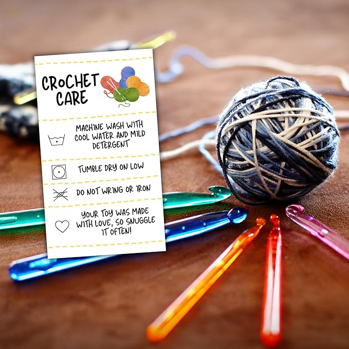 Crochet Care Instruction Cards | 50pk 2x3.5” RAOK Random Acts of Kindness Tags Yarn Plush Doll Scarf Don’t Choke People Loaf Pattern DIY Crafters Knitting