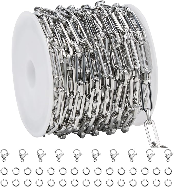 SMYHTGLIF 13 Feet Silver Stainless Steel Chain for Jewelry Making Paperclip Bulk Chain Spool Craft Jewelry with Lobster Clasps and Jump Rings
