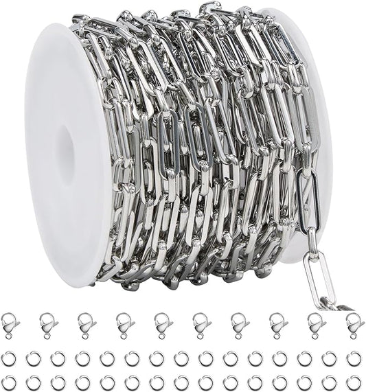 SMYHTGLIF 13 Feet Silver Stainless Steel Chain for Jewelry Making Paperclip Bulk Chain Spool Craft Jewelry with Lobster Clasps and Jump Rings