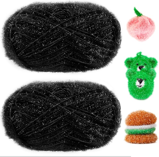 JeogYong Scrubby Yarn 2 Skeins (2 x 100g, 2 x 218yd) Scrubby Sparkle Yarn, Fluffy Polyester Scrubbie Crochet String for Crocheting Knitting Dishcloths Washcloths DIY Projects
