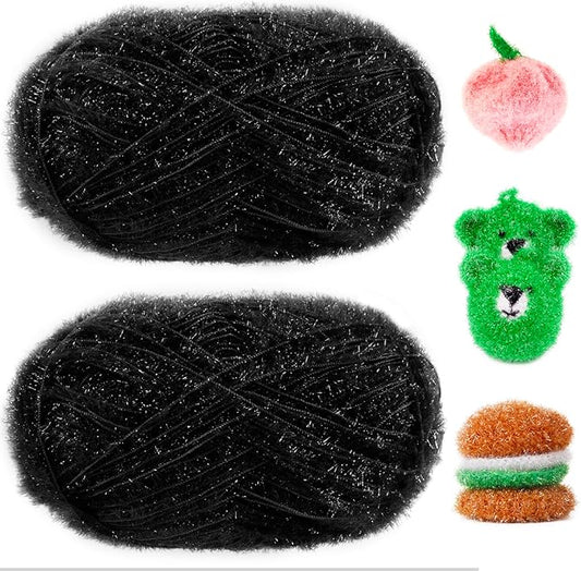 JeogYong Scrubby Yarn 2 Skeins (2 x 100g, 2 x 218yd) Scrubby Sparkle Yarn, Fluffy Polyester Scrubbie Crochet String for Crocheting Knitting Dishcloths Washcloths DIY Projects