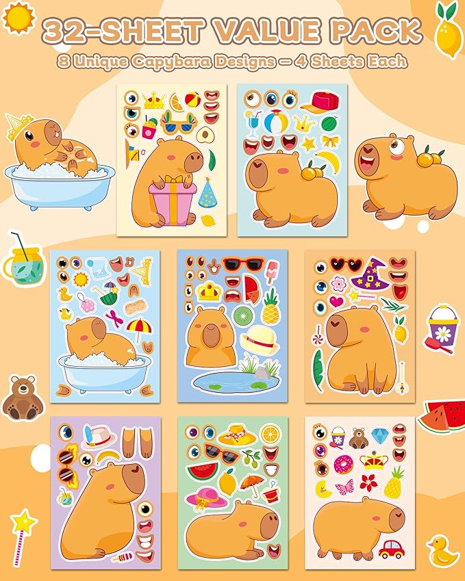 aowplc capybara make-a-face stickers, 32 sheets for kids’ crafts, fun capybara party favors & birthday decorations
