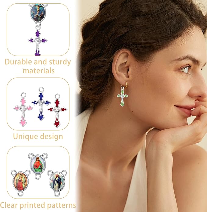 220 Pcs/ 110 Set Rosary Making Kits Supplies Cross and Center Medal Charm Alloy Picture Religious Charms Crucifix Pendant for DIY Prayer Bracelet Necklace Jewelry