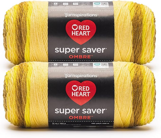 Red Heart Super Saver Ombre Gold Bar Yarn - 2 Pack of 283g/10oz - 100% Acrylic - #4 Worsted (Medium) - 482 Yards - Knitting/Crochet