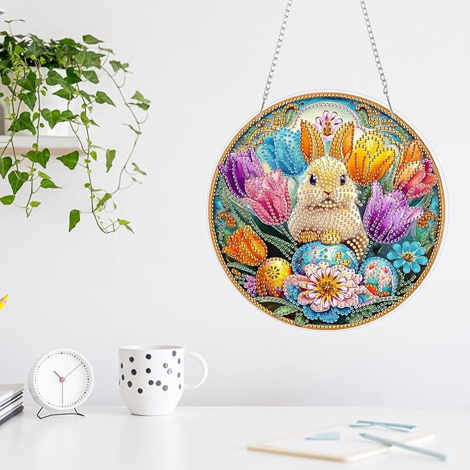 MAXBYE Easter Diamond Art Painting Kits Hanging Cute Rabbit Pendant, DIY 5D Special Shaped Tulips Gem Art Craft Diamond Dots for Adults and Home Window Door Decor 8×12Inch