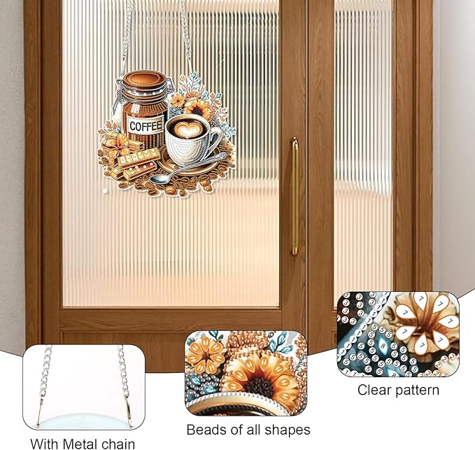 Diamond Art Painting Pendant Kits with Hanging Chain 5D Diamond Art Hanging Kit DIY Diamond Crystal Window Door Hanging Pendant Kit for Adults Gift Wall Home Christmas Decoration 25.2x23.3 cm, Coffee