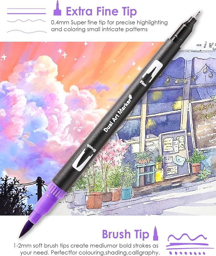 Art Markers Pens Dual Tip Coloring Markers Set with Brush & Fine Nib for Adult Coloring Book Brush Pens Professional Calligraphy & Drawing Art Supplies Kit for Adults (72 Colors)