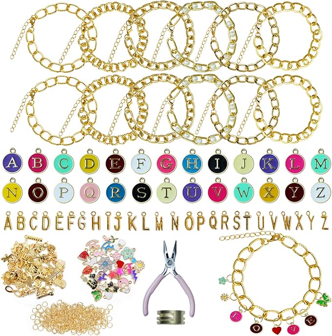 LEIOSAGN 366Pcs Gold Charms Bracelet Making Kit with Diverse Chain Bracelets, Mixed and Colored Charms,Jump Rings, Plier, DIY Crafting Gift, Jewelry Making Supplies