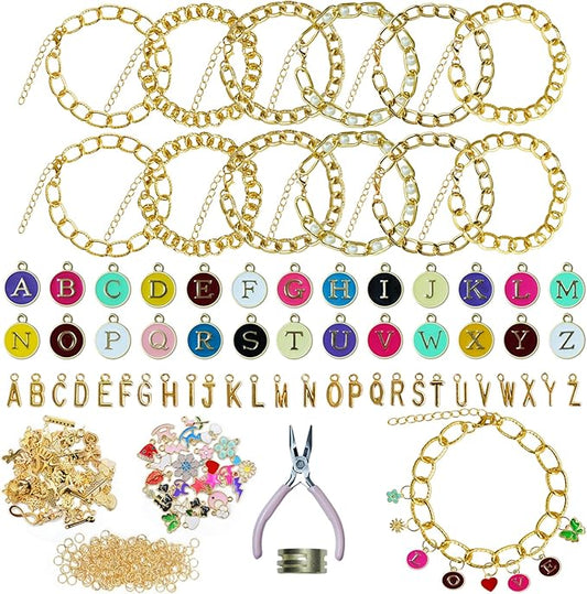 LEIOSAGN 366Pcs Gold Charms Bracelet Making Kit with Diverse Chain Bracelets, Mixed and Colored Charms,Jump Rings, Plier, DIY Crafting Gift, Jewelry Making Supplies