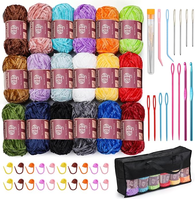 LUNARM 18 Skeins Chenille Yarn for Crocheting, Handmake Weaving Thick Soft Chunky Yarn for Blankets Clothes Crochet Craft with Crochet Hooks Needles Stitch Markers,3.53oz/Skein(Multicolor Series)