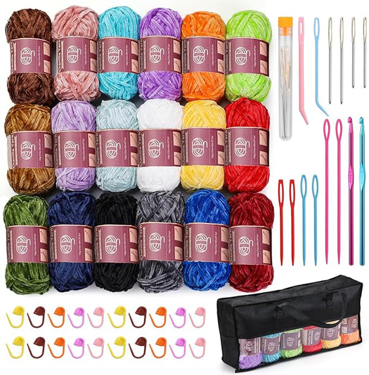 LUNARM 18 Skeins Chenille Yarn for Crocheting, Handmake Weaving Thick Soft Chunky Yarn for Blankets Clothes Crochet Craft with Crochet Hooks Needles Stitch Markers,3.53oz/Skein(Multicolor Series)