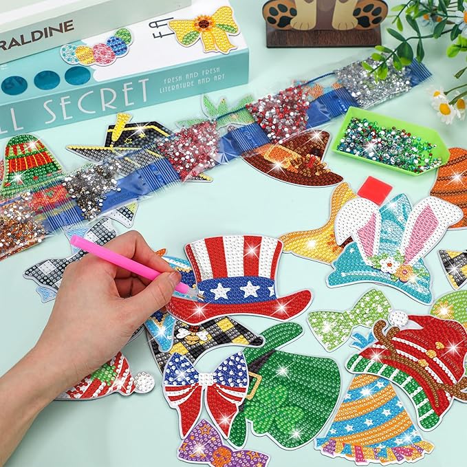 DoubleFill 42 Pcs Easter Diamond Kits St Patricks Day Interchangeable Wooden Table Decorations DIY Holiday Easter Party Seasonal Tiered Tray Art Decor Diamond Painting Magnets(Dog)