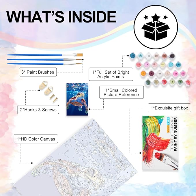 Yezavesu Framed Paint by Numbers Kit for Adults Beginner & Kids Ages 8-12, Sea Turtle Paint by Numbers with Frame, DIY Number Painting for Adults Sea Turtle for Home Wall Decor Gift 8x12 inch
